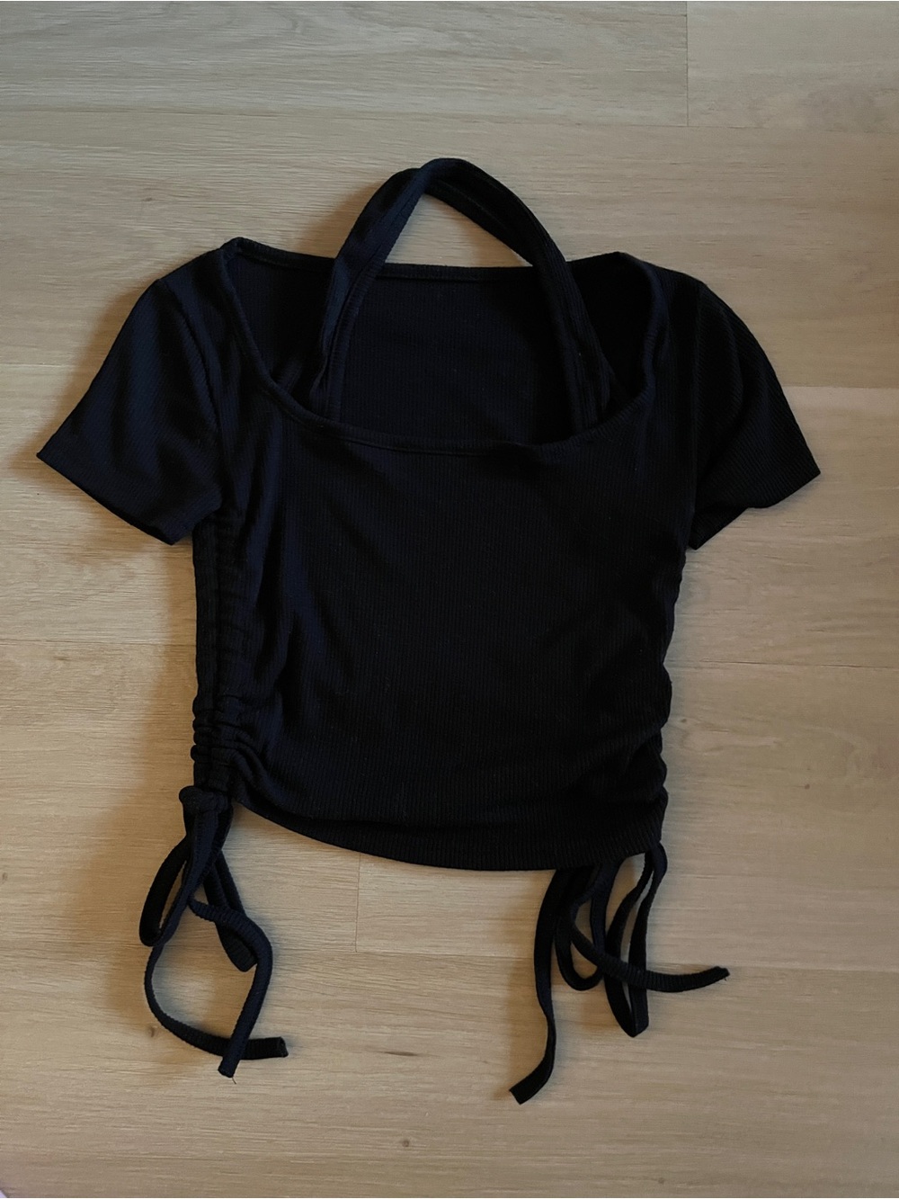 Black Ruched Tie-Side Short Sleeve Top